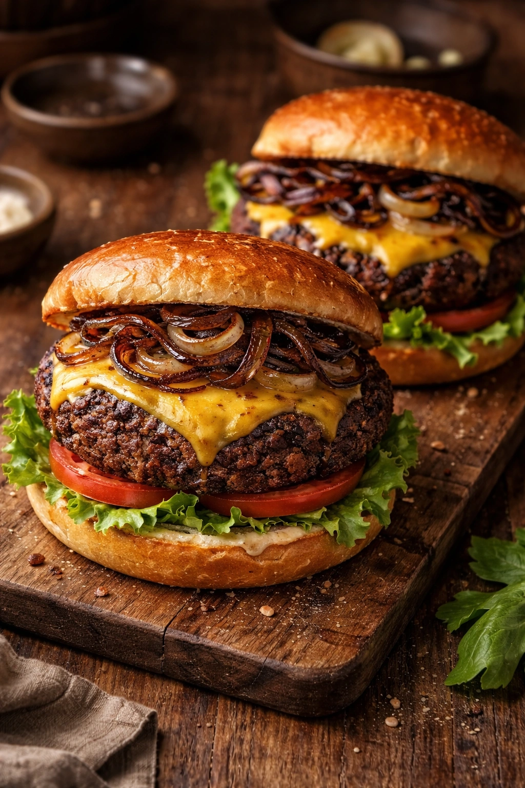 Close-up of a crispy black bean burger patty with cheddar and charred onions on a plate