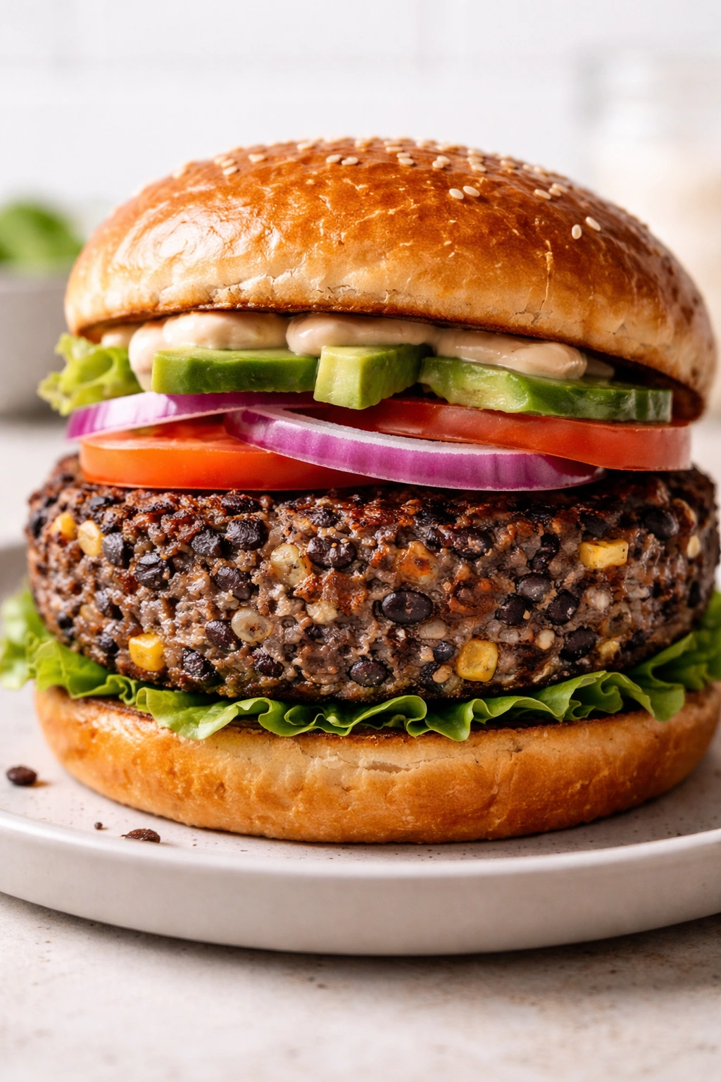Thick, crusty black bean burger patty on a plate