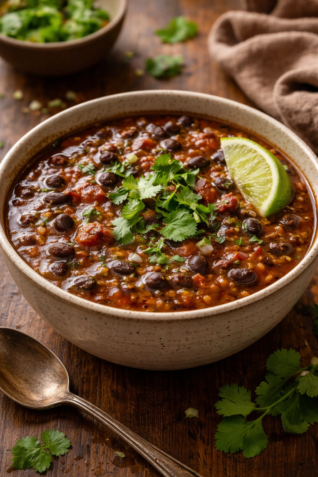 Rustic bowl of smoky black bean chipotle soup with cilantro
