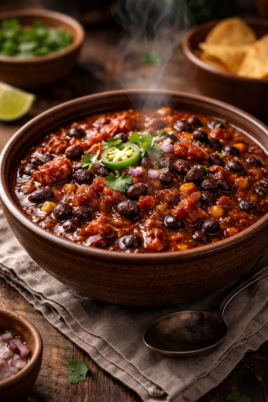 Hearty bowl of black bean and chorizo chili