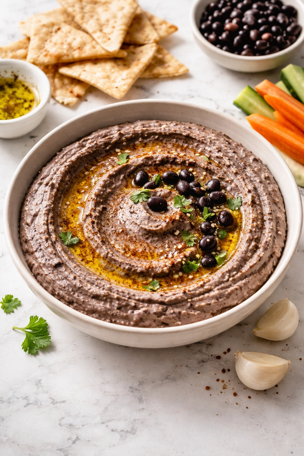 Creamy black bean hummus in a bowl with olive oil drizzle