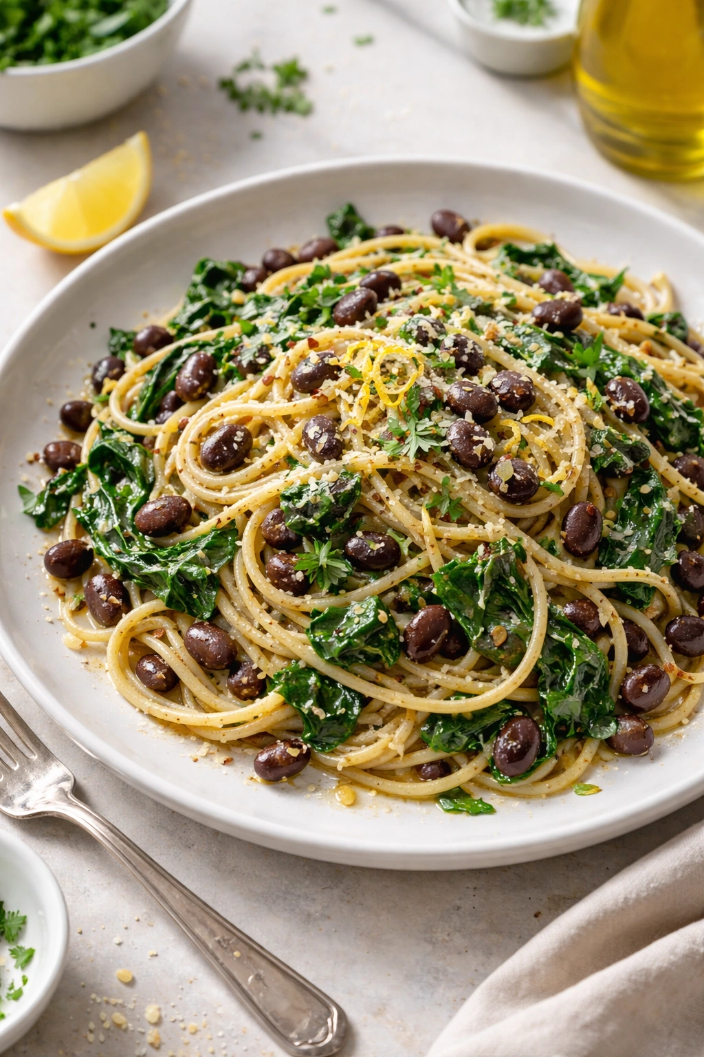 Black bean pasta with garlic oil and greens on a plate