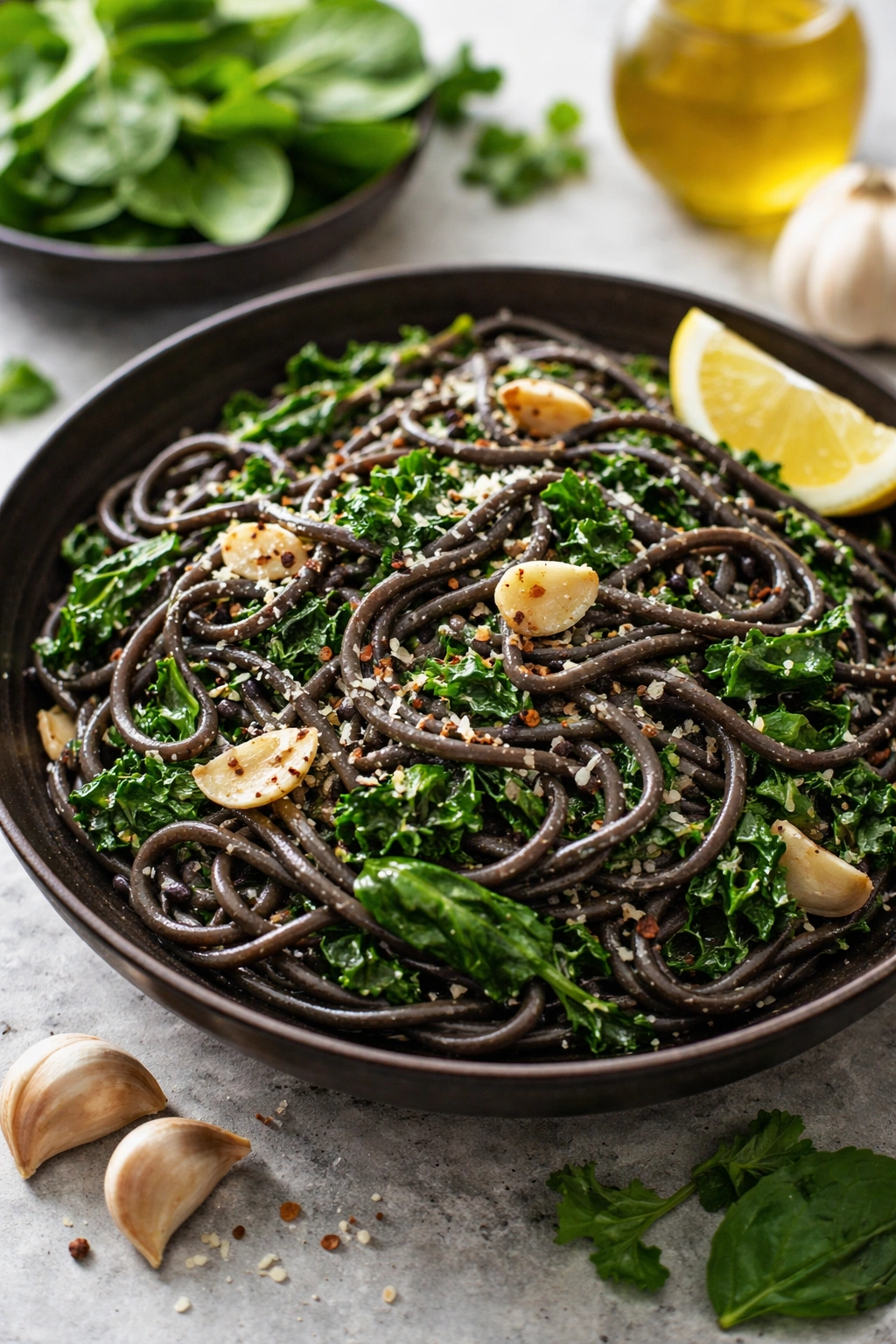 Bowl of black bean pasta with garlic and greens on a dark plate