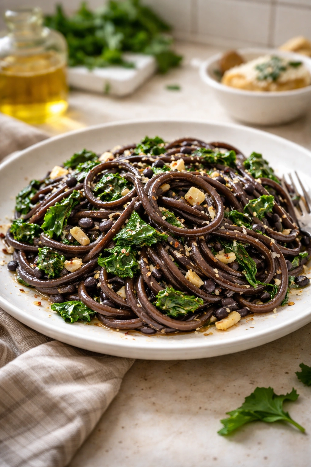 Close-up of black bean pasta with garlic and greens on a plate