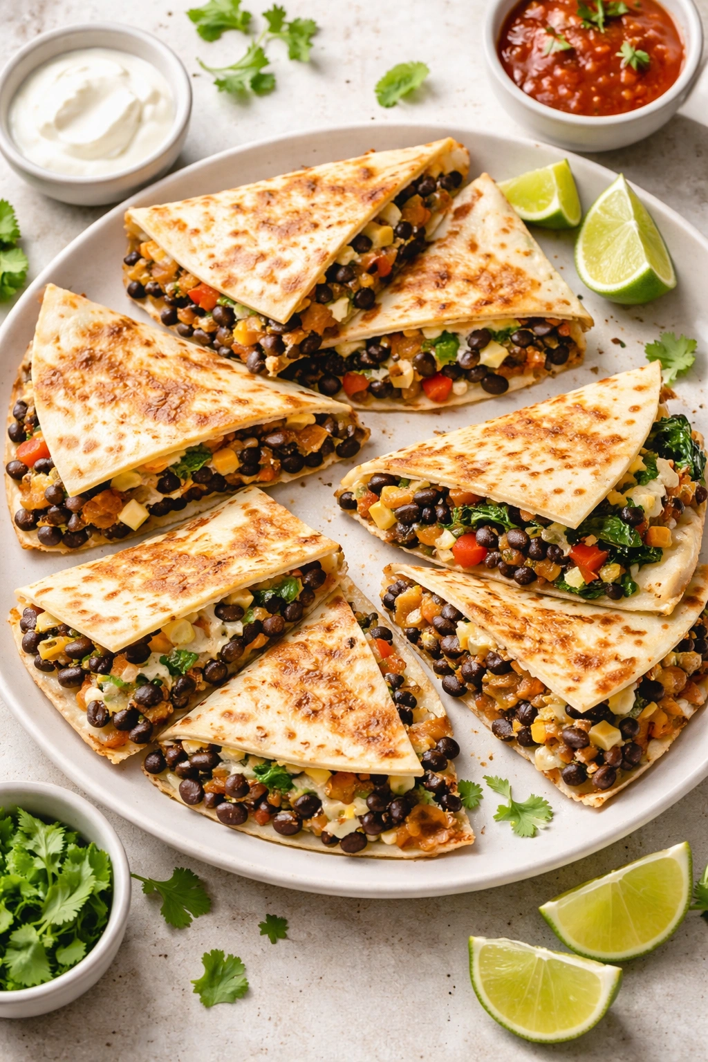 Quesadilla cut into triangles with melted cheese filling