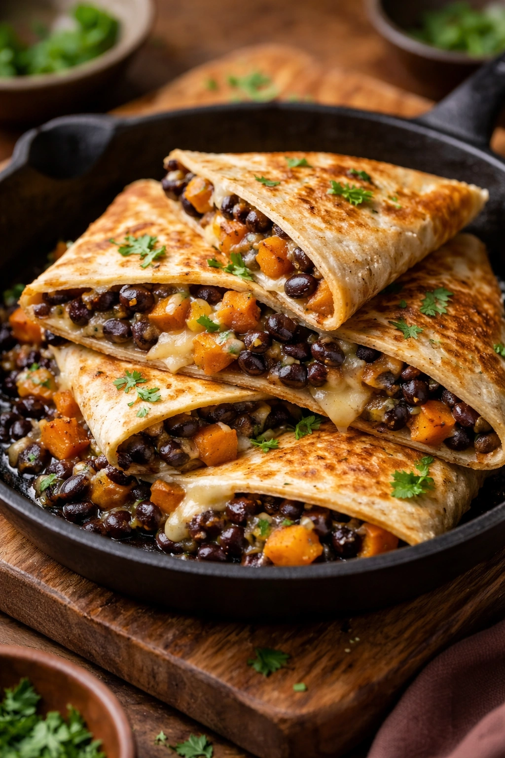 Close-up of crispy quesadillas with black bean and sweet potato filling