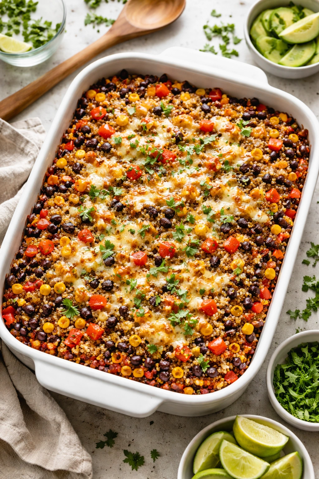 Bright vegetarian black bean and quinoa bake in a casserole dish