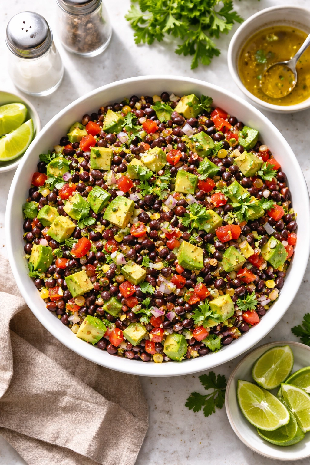 Colorful chopped black bean salad in a bowl