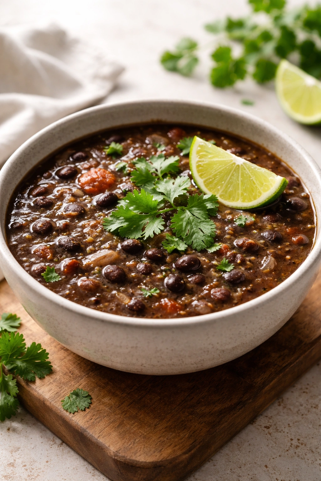 Velvety black bean soup with lime and cilantro garnish
