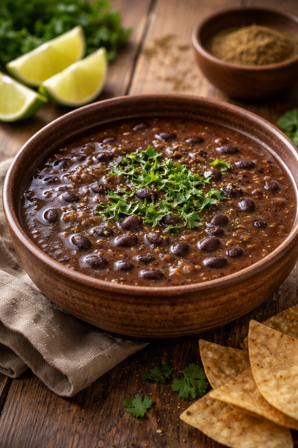 Velvety black bean soup in a rustic bowl with cilantro.