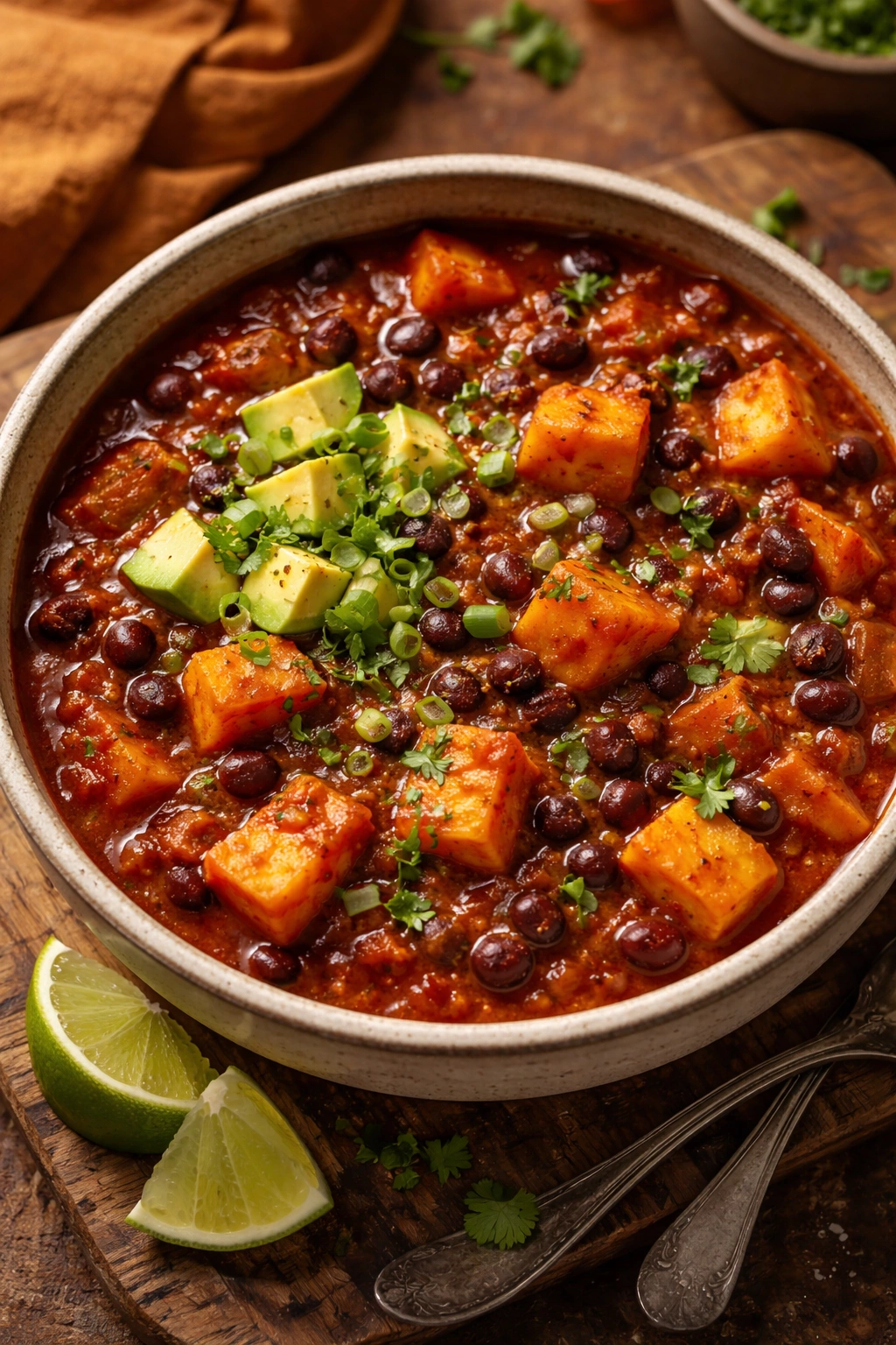 Bowl of black bean and sweet potato chili with visible beans and potato.