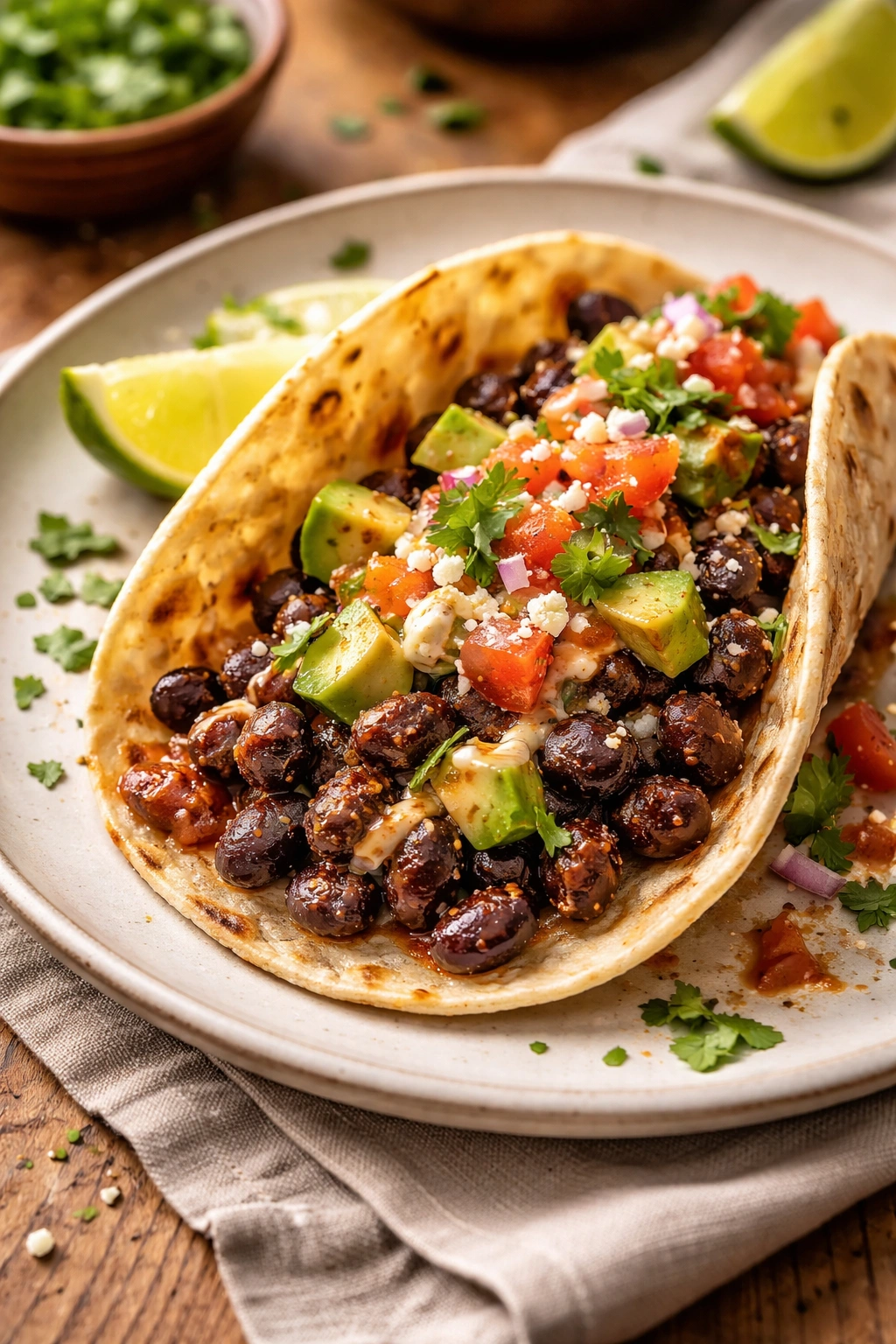 Close-up of a crispy, spiced black bean taco on a plate