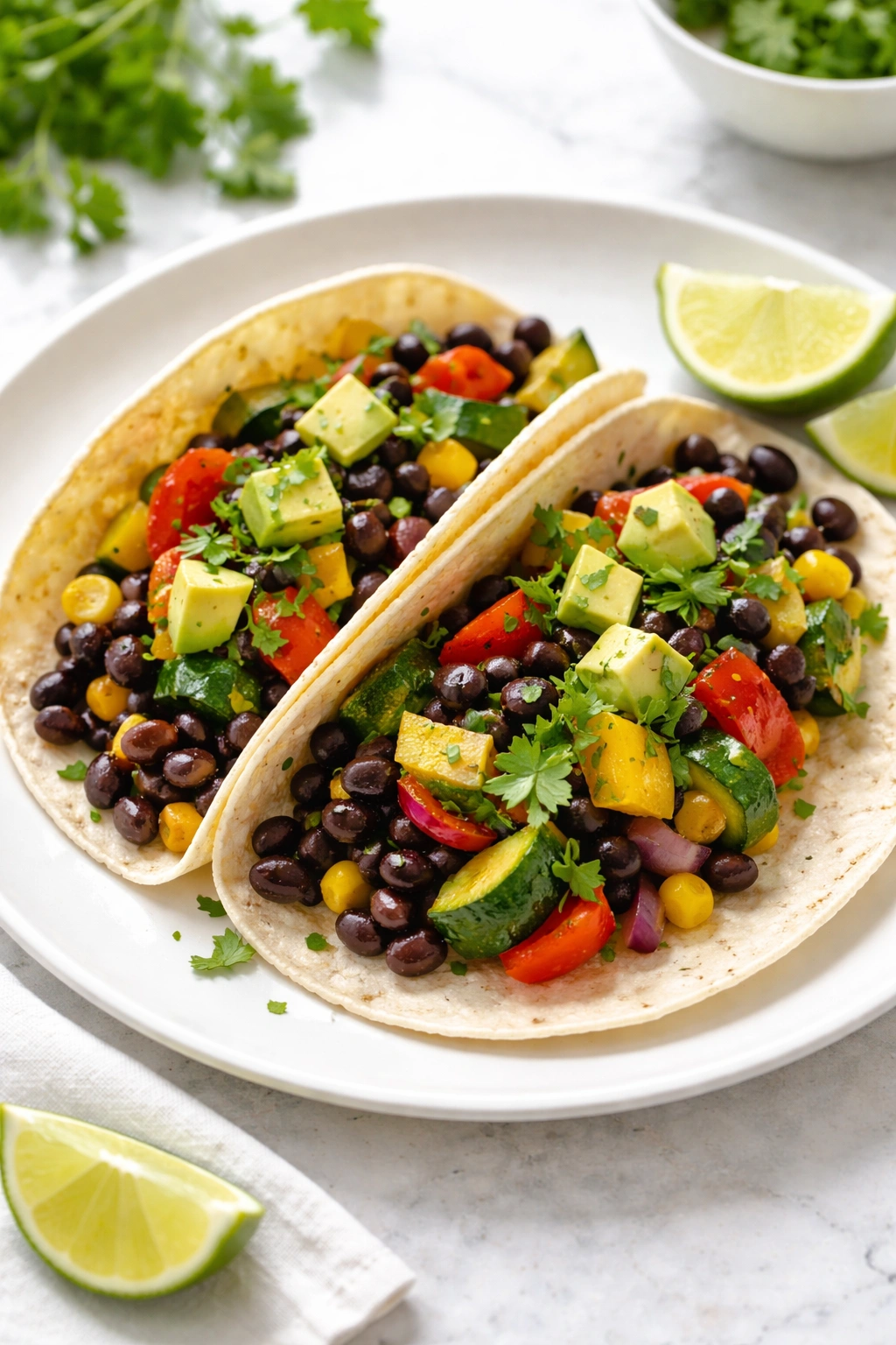 Tacos filled with black beans and vegetables on a plate