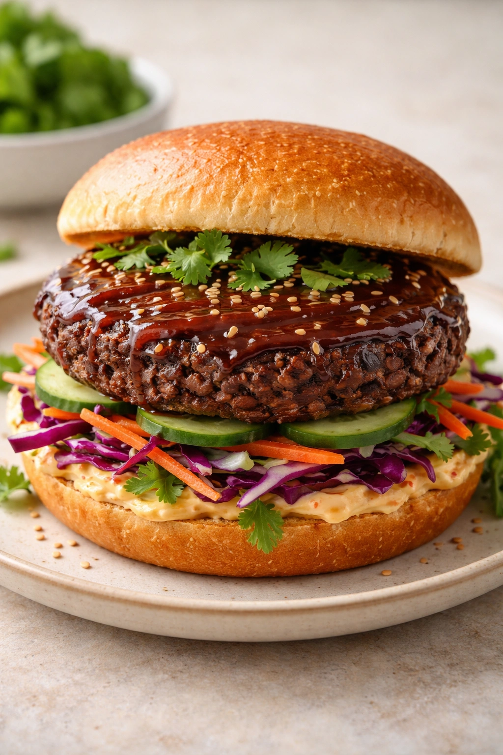 Black bean veggie burger with hoisin glaze on bun