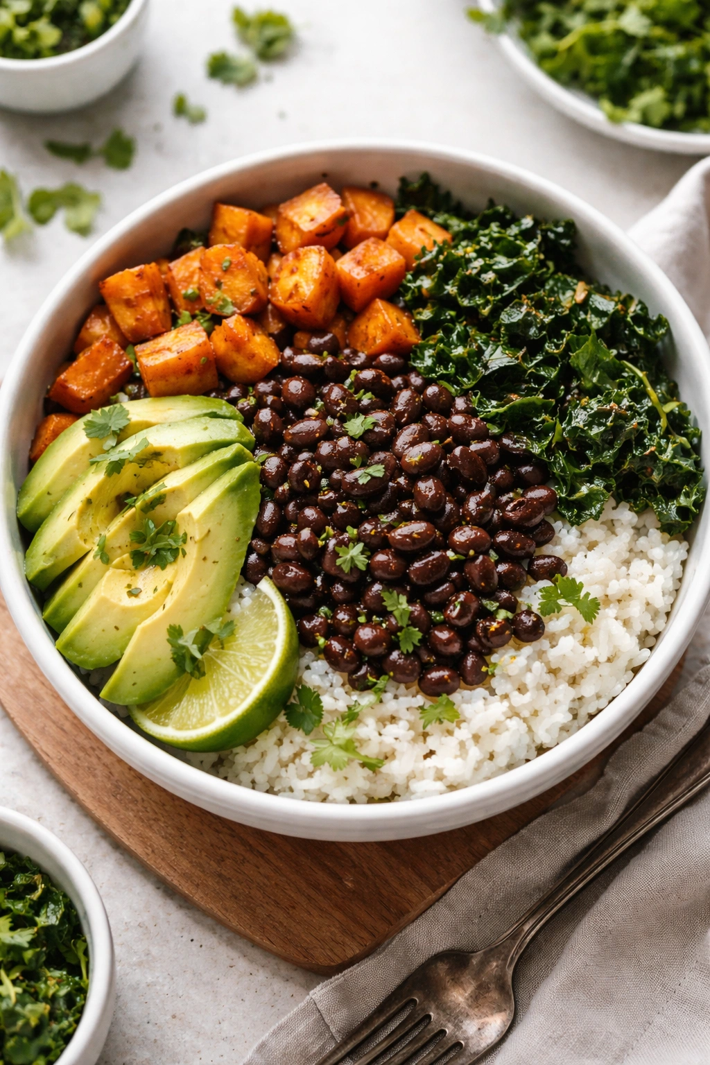 Buddha bowl with rice, black beans, sweet potatoes, kale, avocado and cilantro