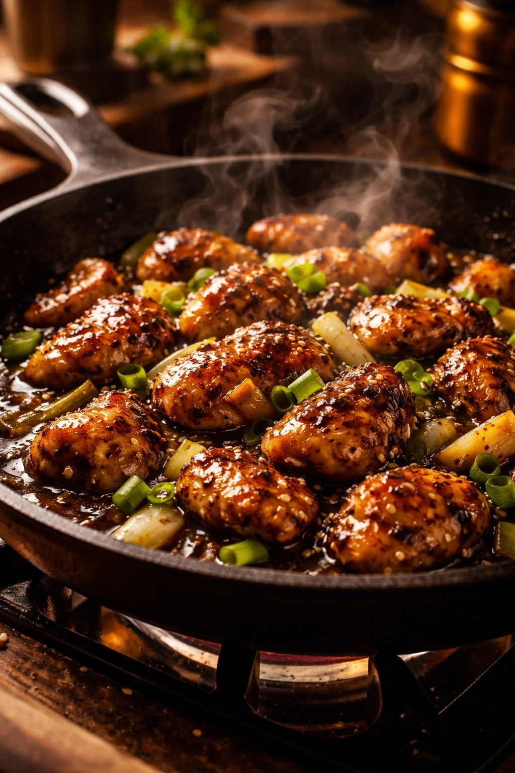 Close-up of crispy black pepper chicken in a cast-iron skillet
