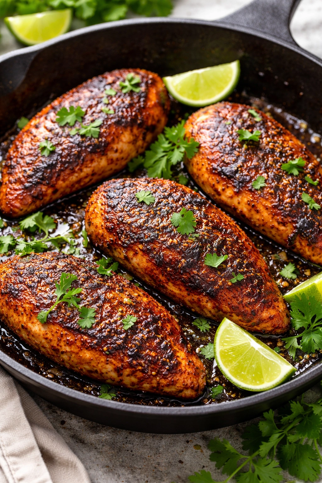 Blackened chicken with lime and cilantro garnish