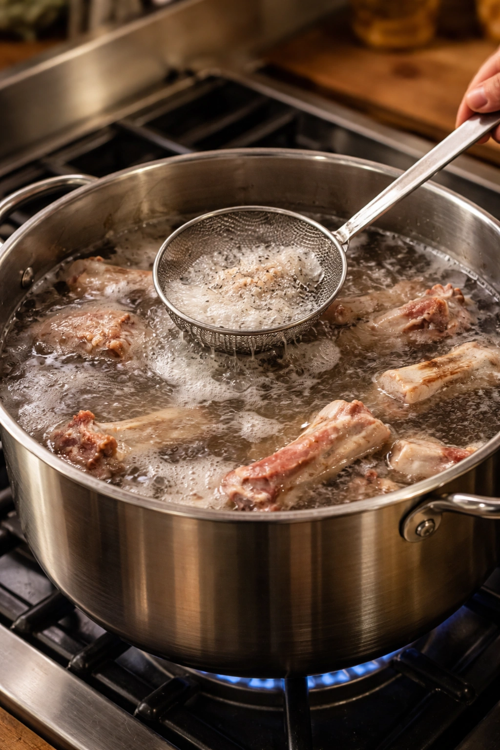 Bones blanching in cold water with foam on surface being skimmed.