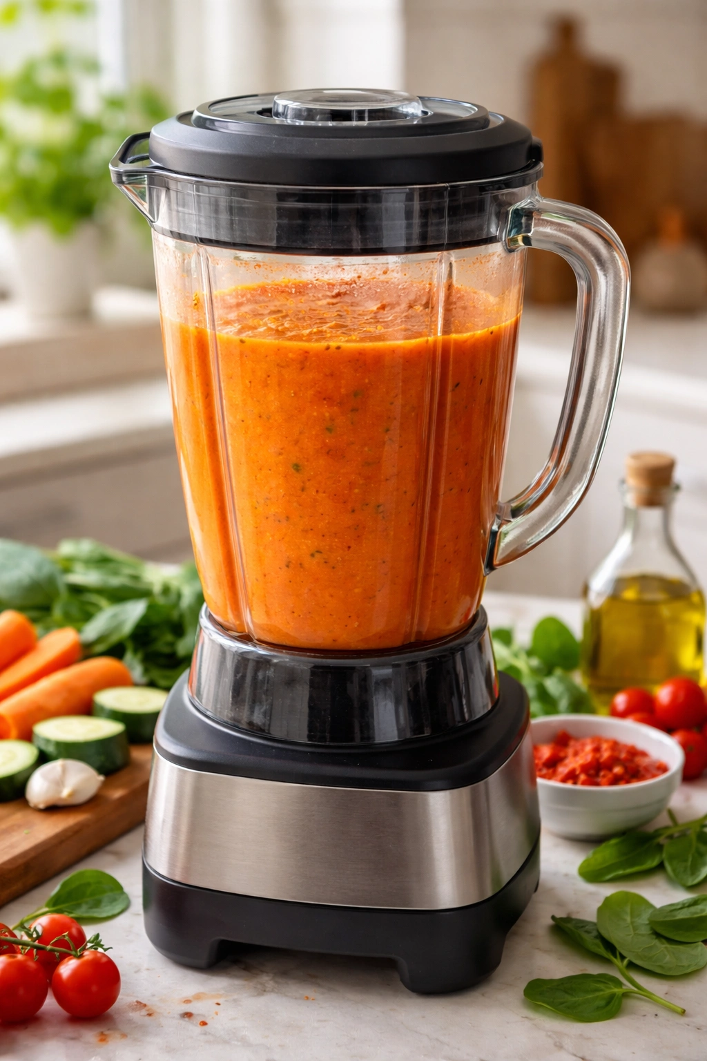 Blender jar with smooth orange carrot-tomato sauce being blended