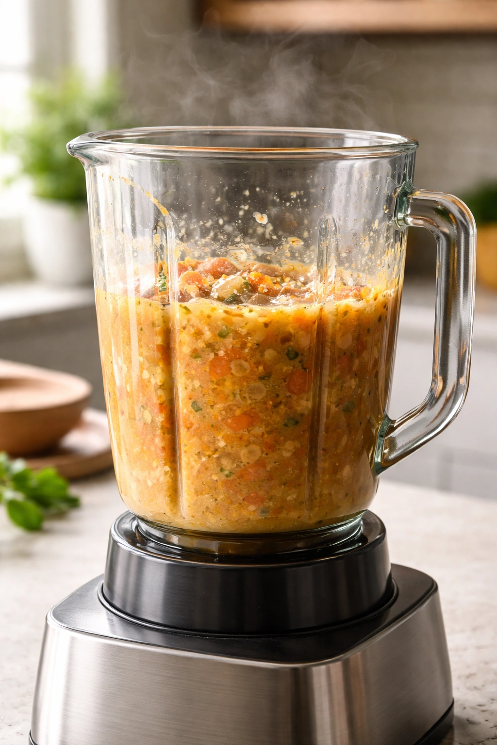 Close-up of partially blended soup showing texture, illustrating common blender mistakes to avoid