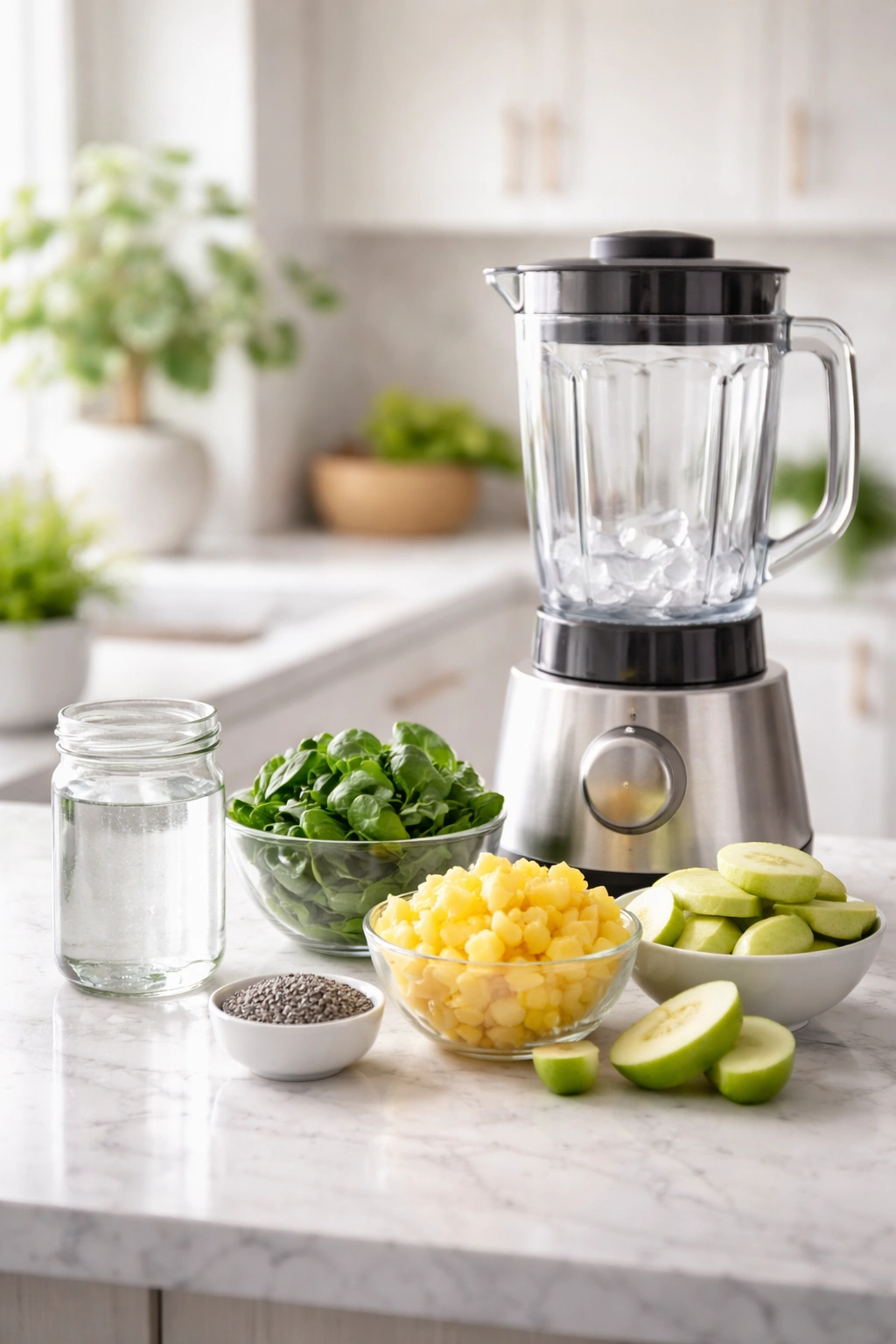 Blender with ingredients ordered for smoothie blending