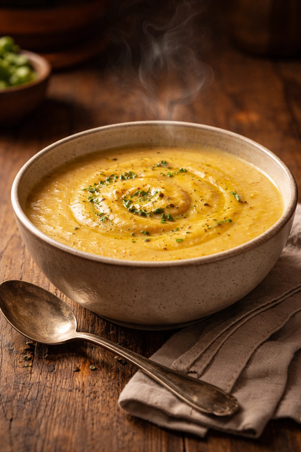 Steaming bowl of blender soup on wooden table, cozy final presentation