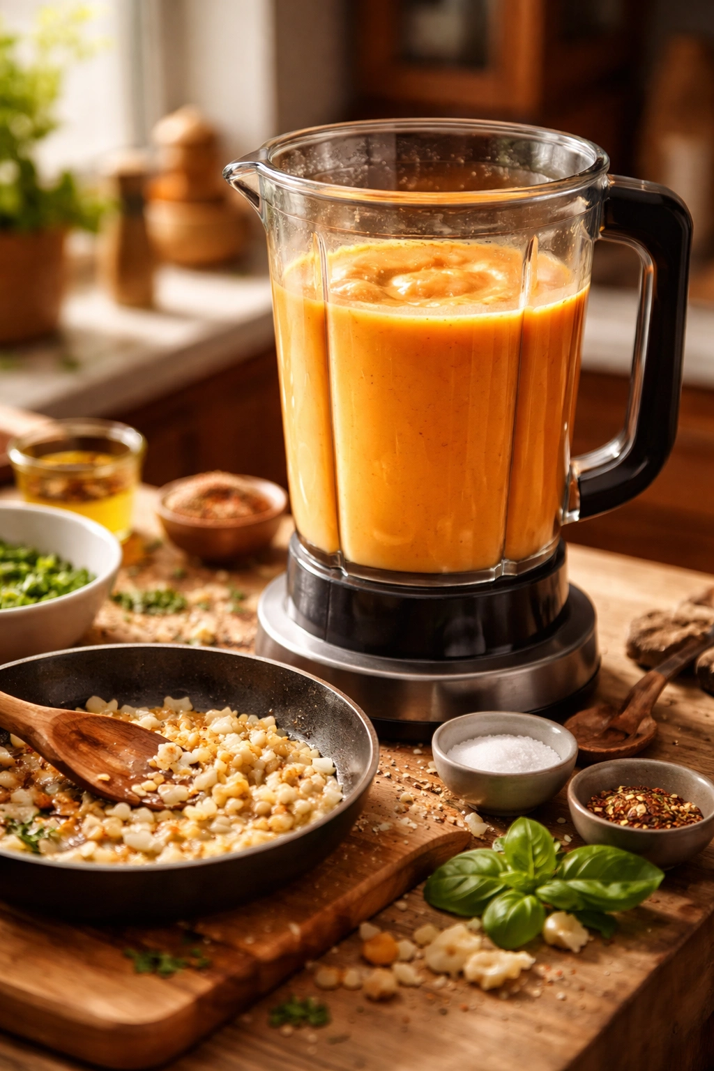 Close-up of blender jar with creamy soup and aromatics on wooden counter, illustrating blender soup tips