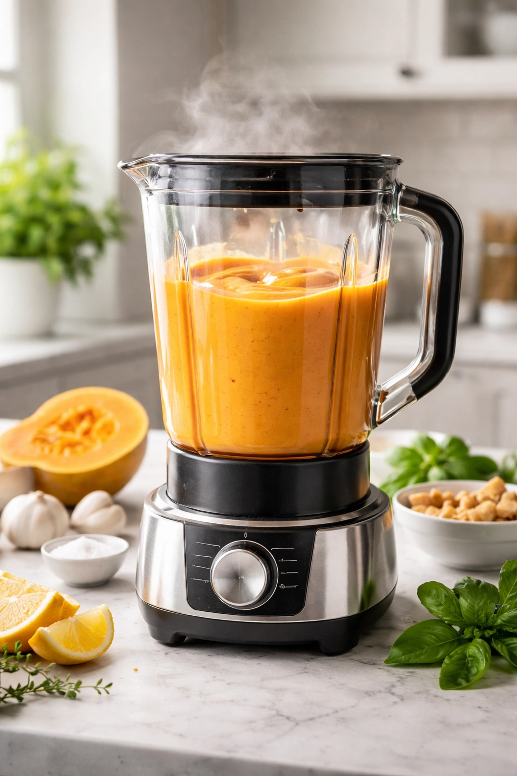 Blender jar with silky soup showcased for blender technique