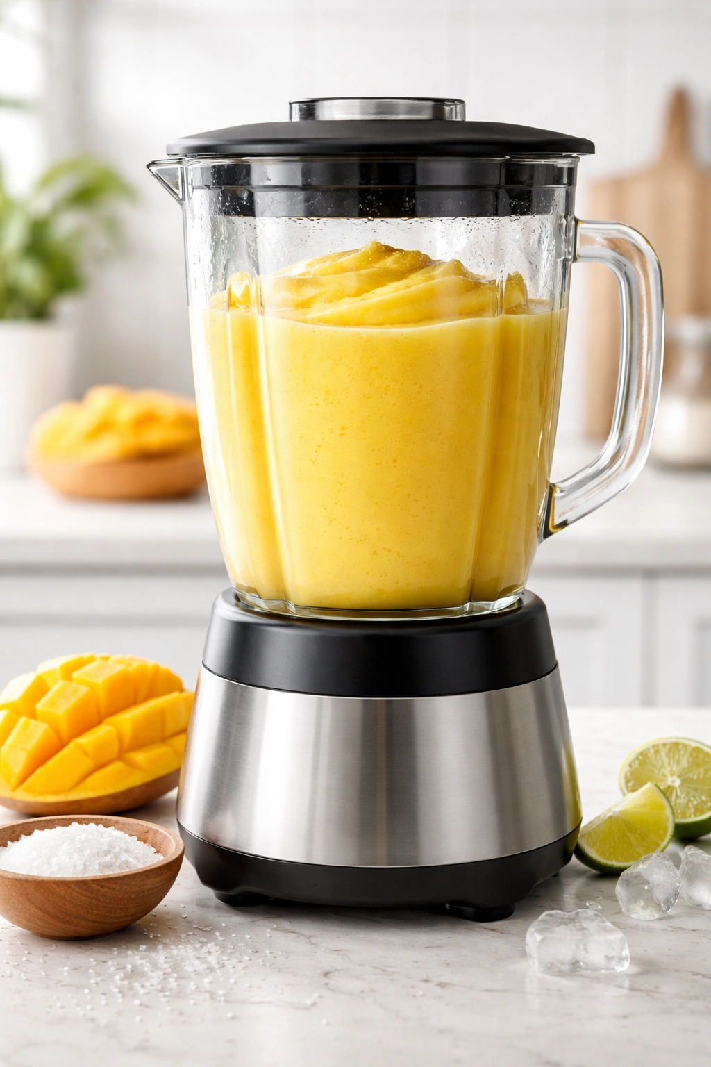 Uniform, silky blended mango margarita in a blender jar, no separation