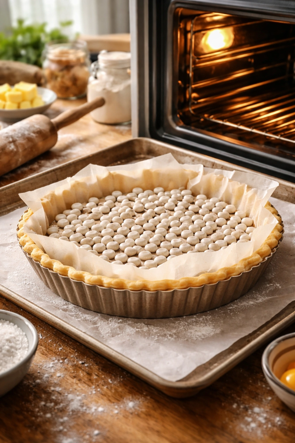 Pie crust in pan with parchment and weights for blind-baking
