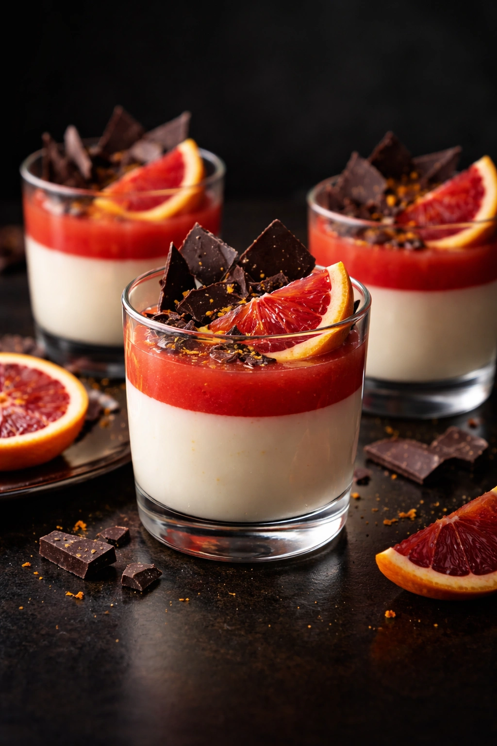 Elegant blood orange panna cotta in glasses with dark chocolate shards