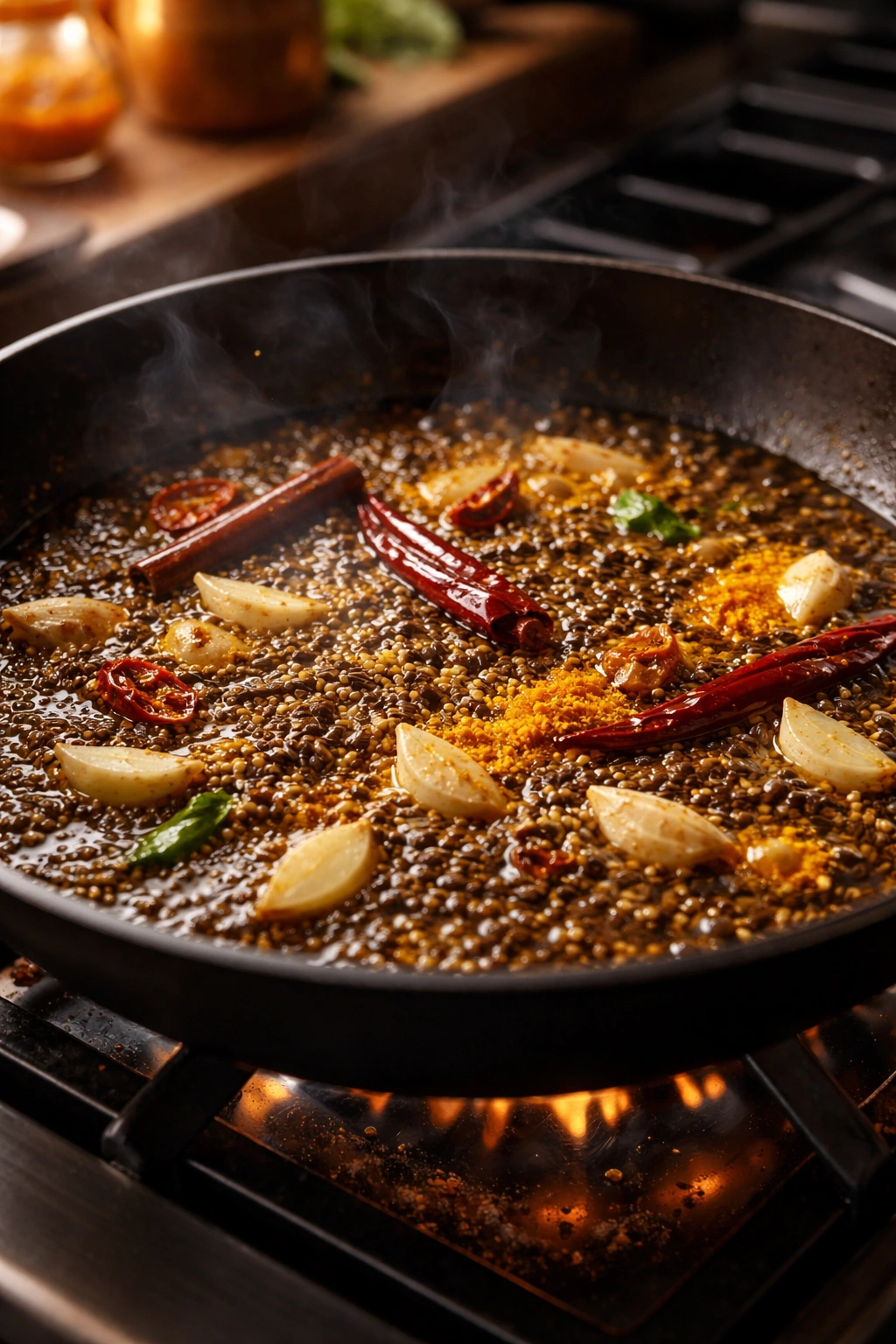 Spices blooming in hot oil in a pan