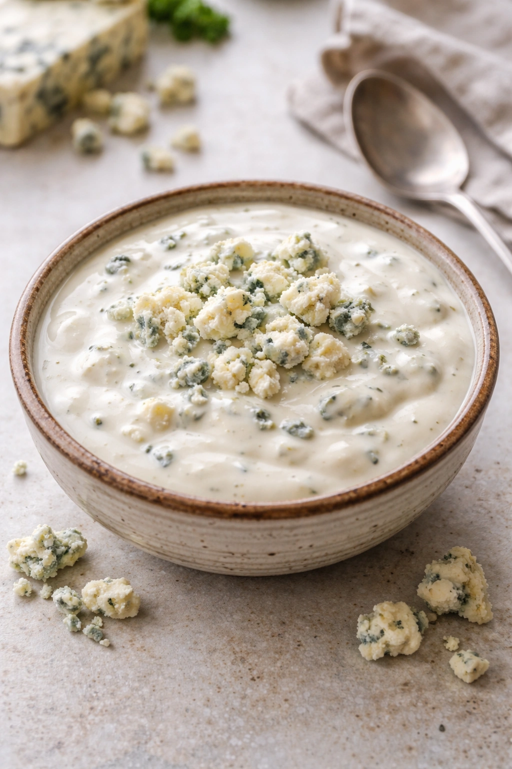 Close-up of blue cheese dressing in a rustic bowl showing blue cheese crumbles