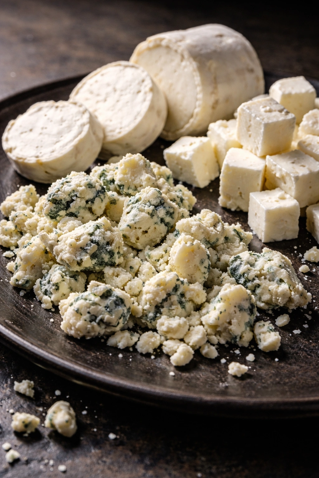 Close-up of cheese crumbles on a dark plate