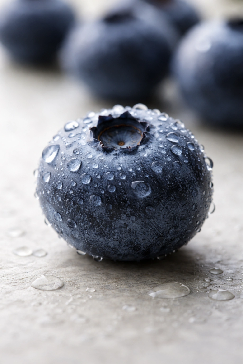 Macro shot of a single blueberry with dew on a neutral backdrop
