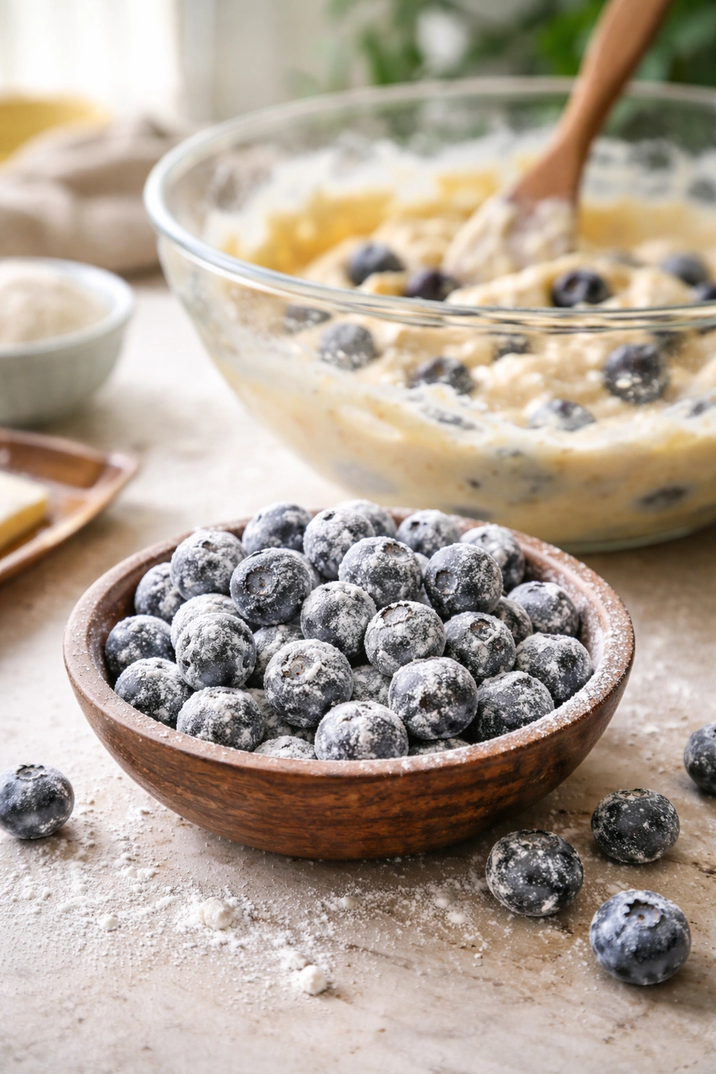Blueberries dusted with flour on a wooden surface for muffin batter