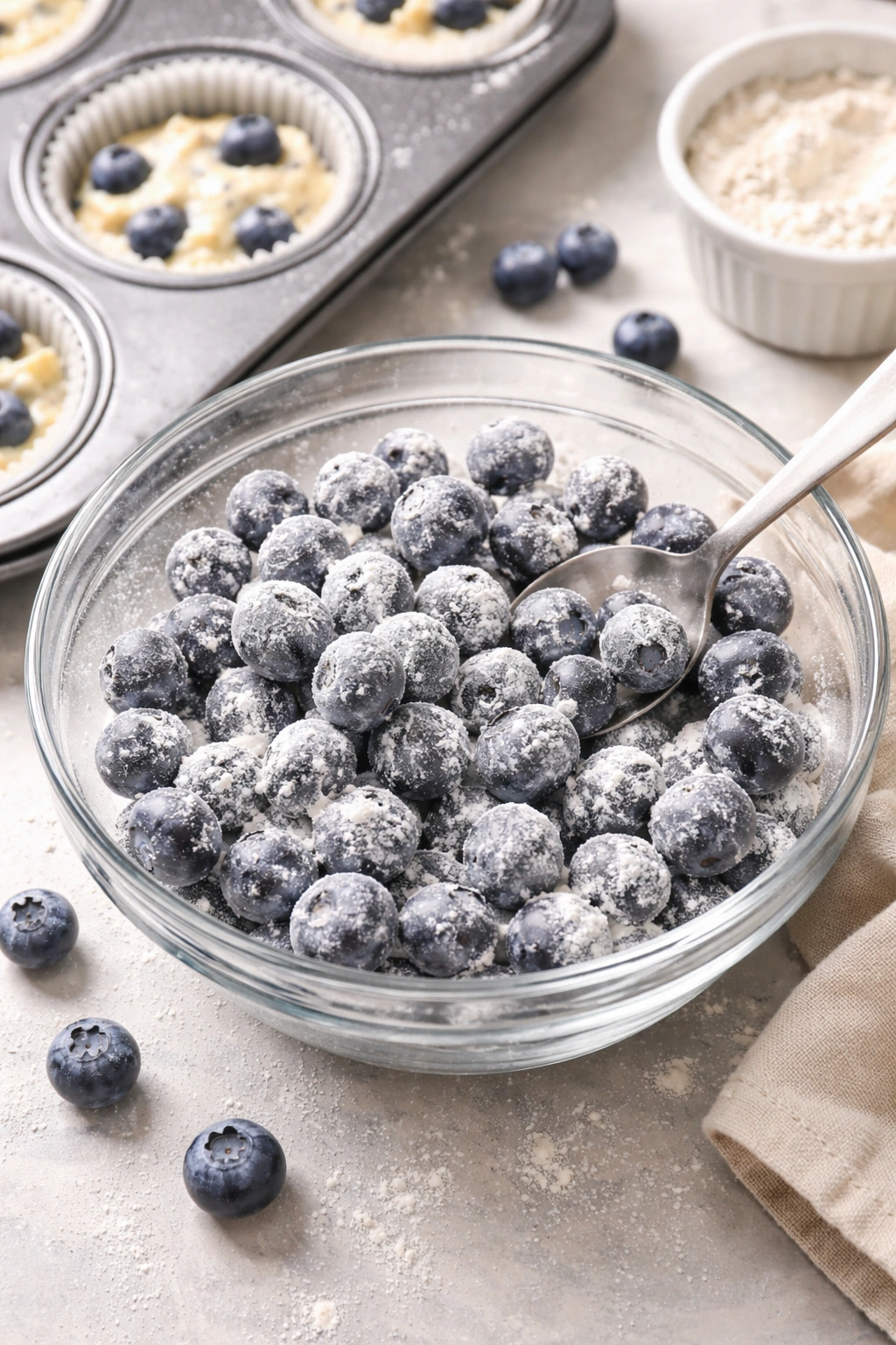 Fresh flour-dusted blueberries in a small bowl