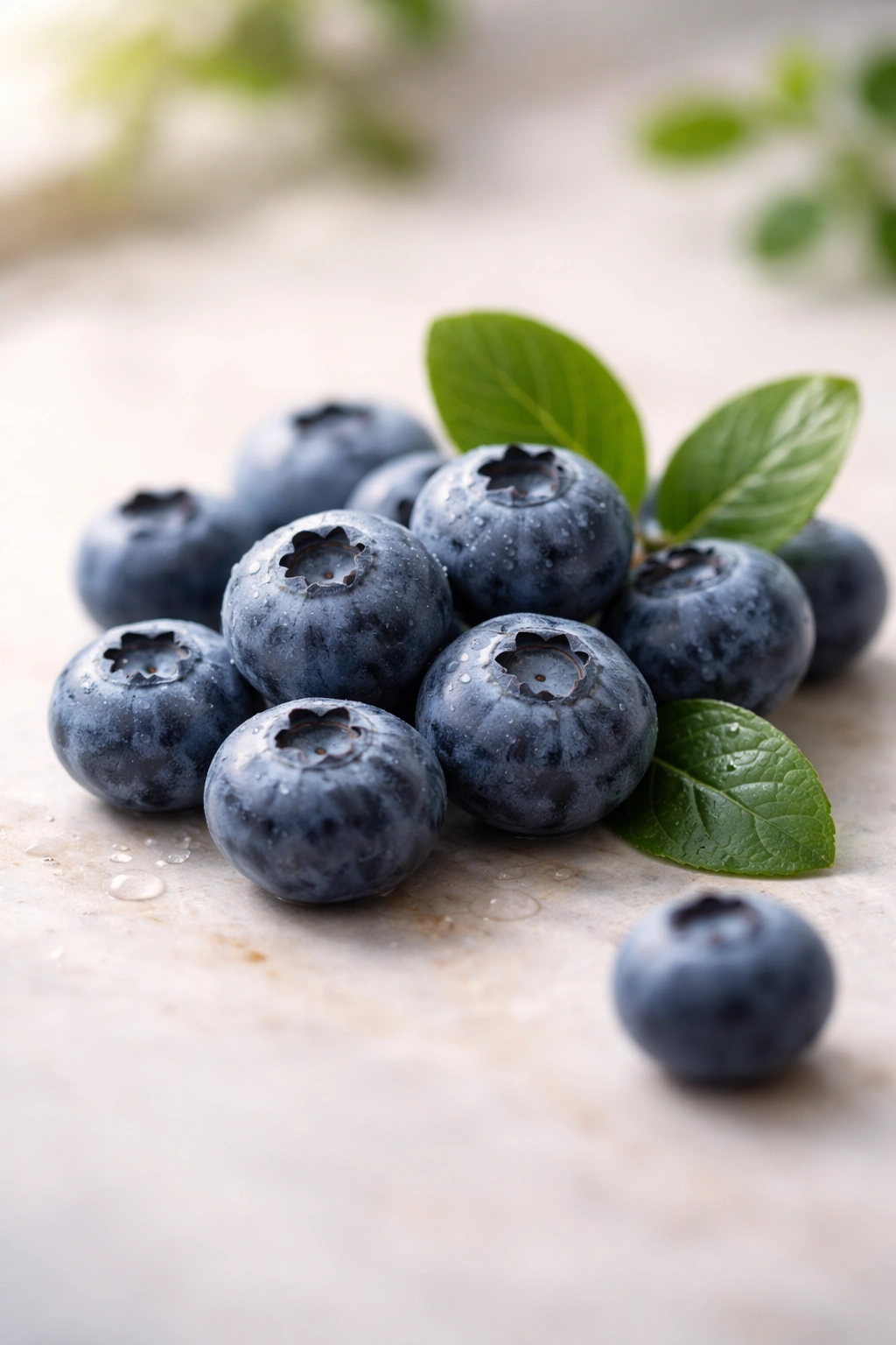 Serene close-up of blueberries on a pale surface under soft light