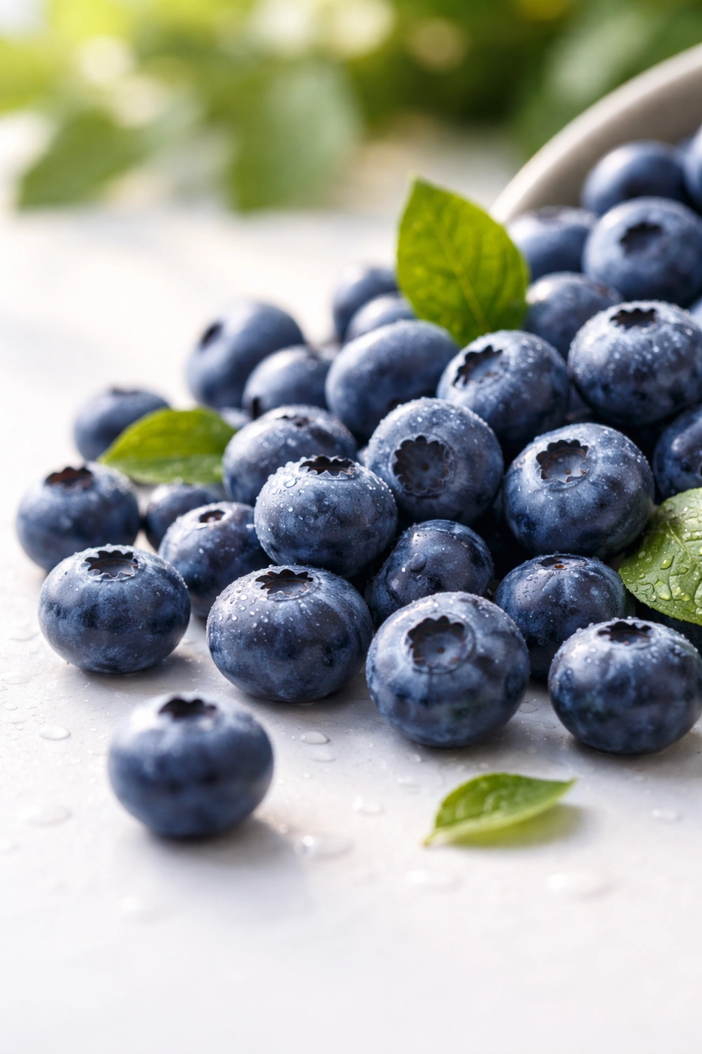 Close-up of fresh blueberries on a white surface with natural bloom