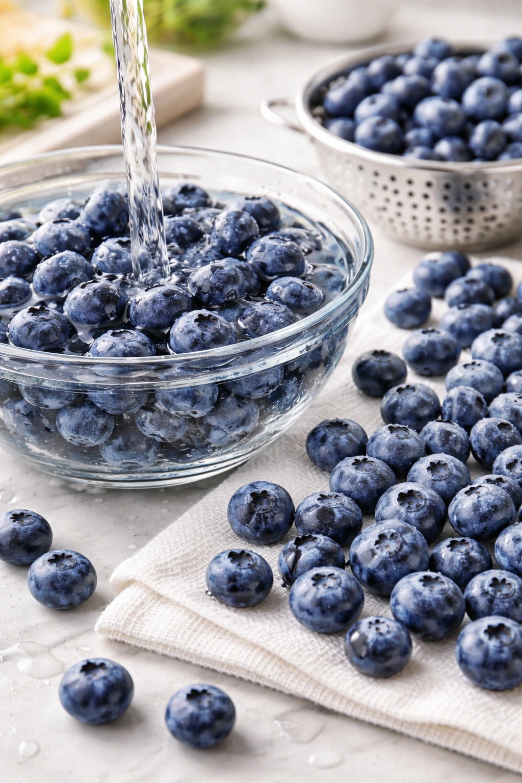 Fresh blueberries being rinsed and dried for muffin prep