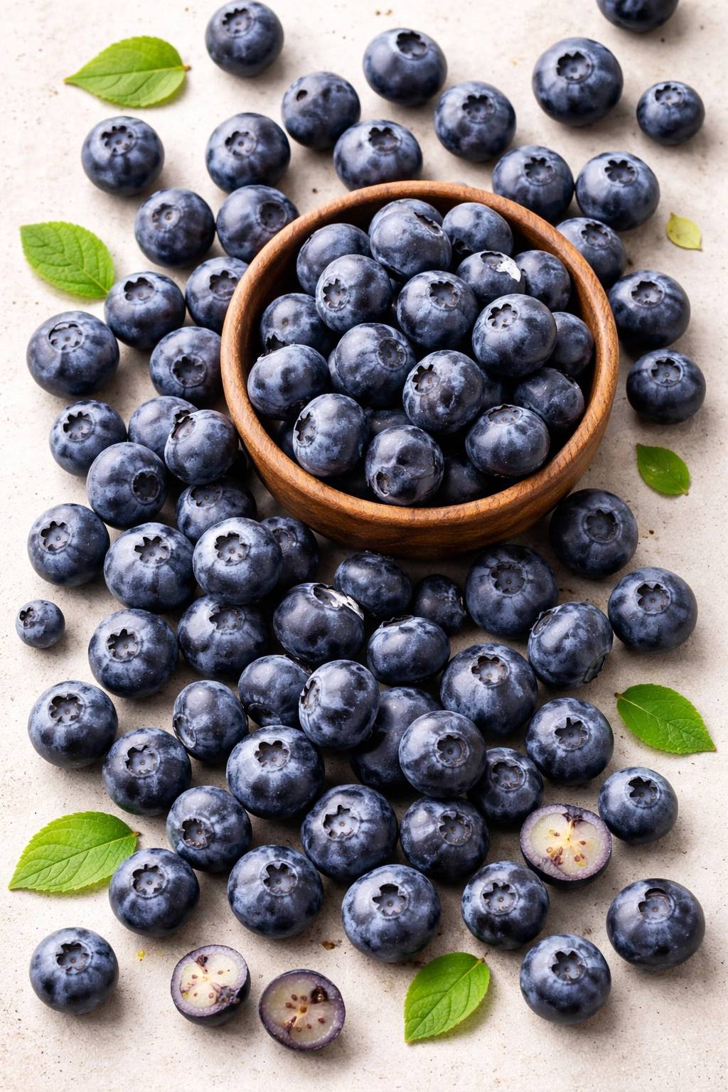 Fresh blueberries with bloom on a neutral background.