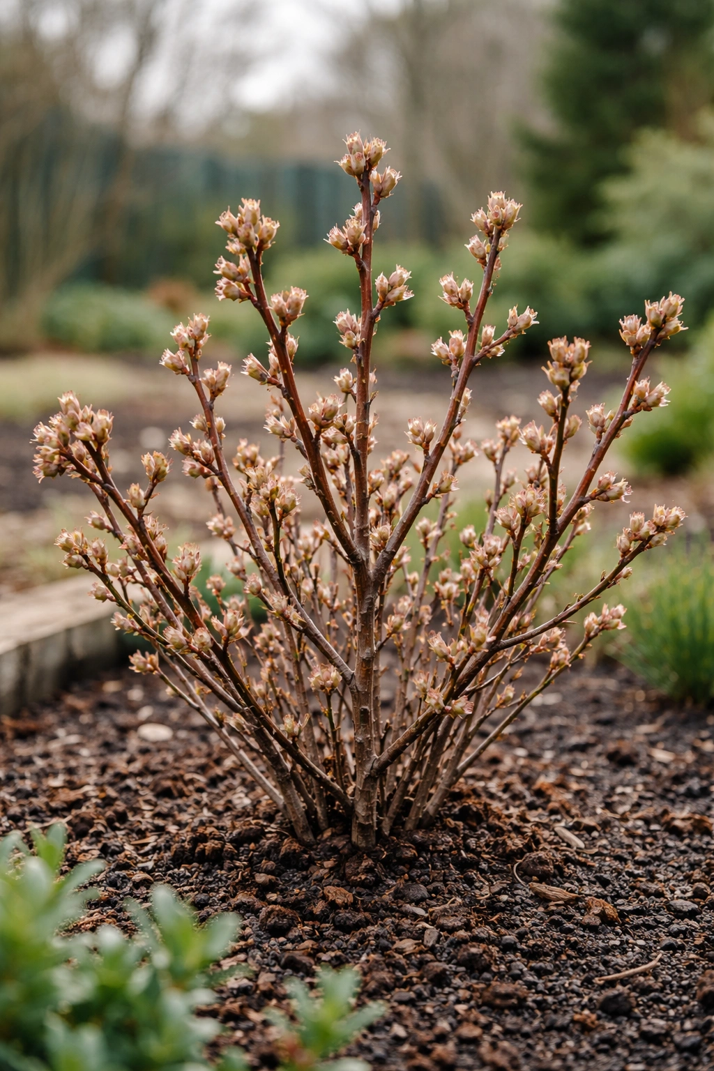 Blueberry shrub with swollen buds on old wood signaling bud swell