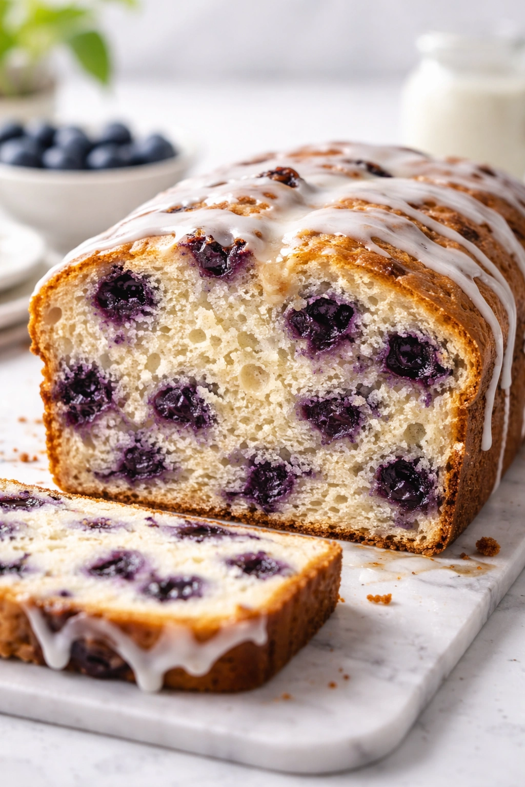 Cross-section of tender blueberry bread with airy crumb and blueberries.
