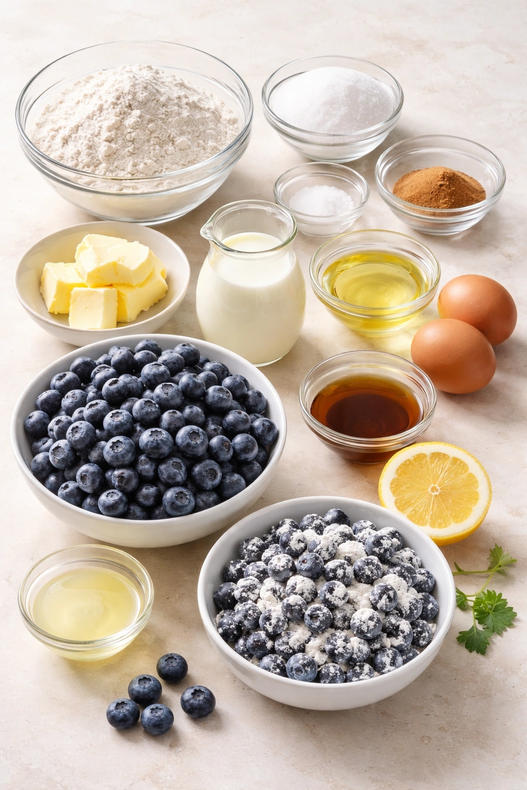 Arrangement of ingredients for blueberry bread on a clean surface.