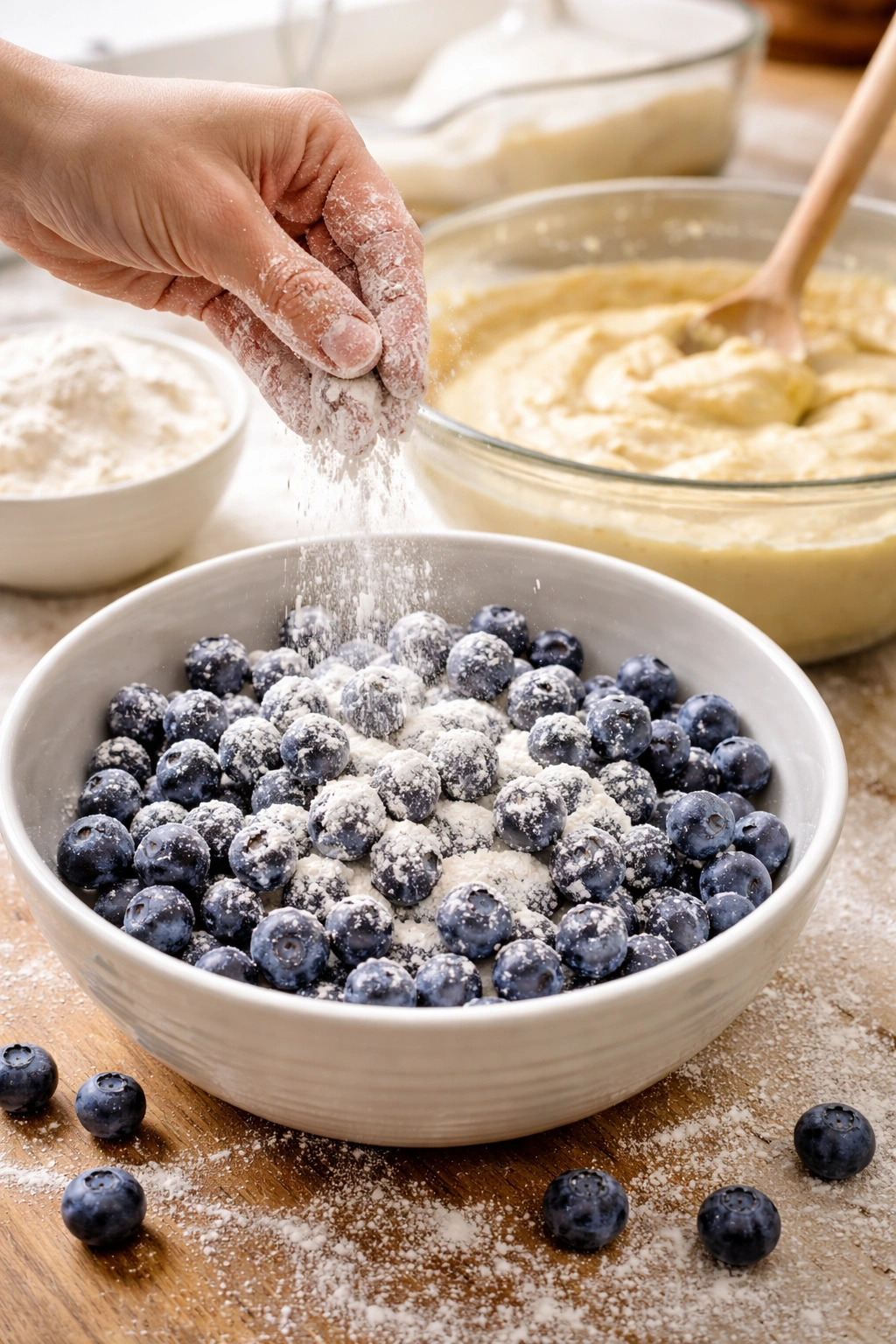 Blueberries being coated with flour prior to folding into batter.