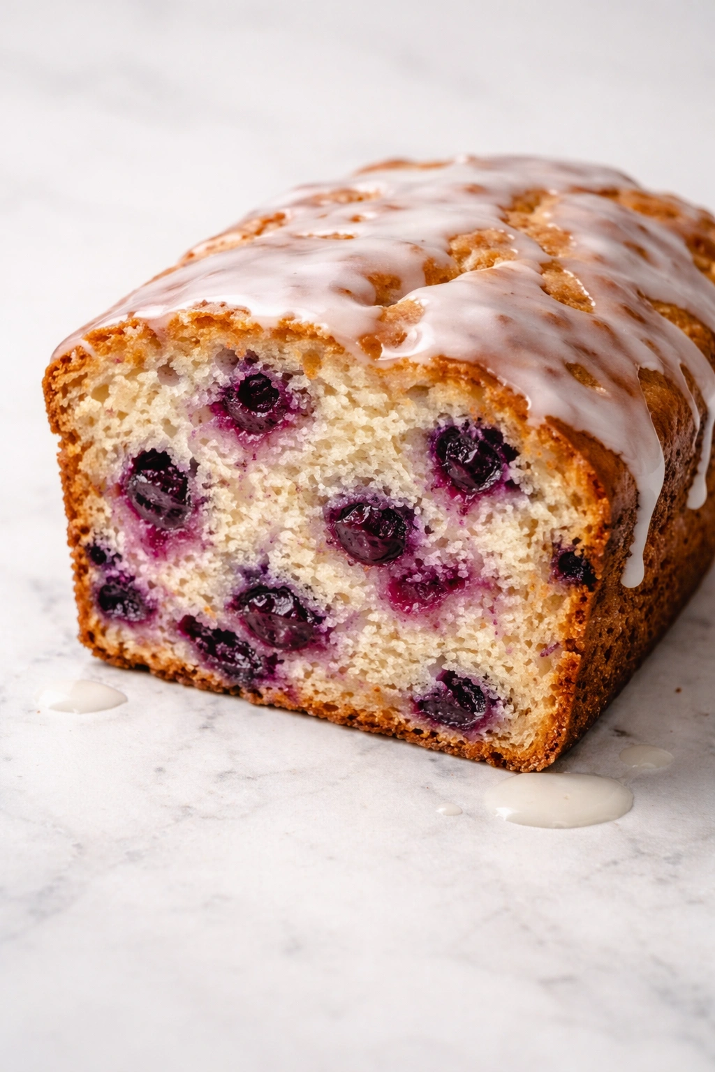 Close-up of a blueberry bread slice with glossy glaze and purple-stained crumb.