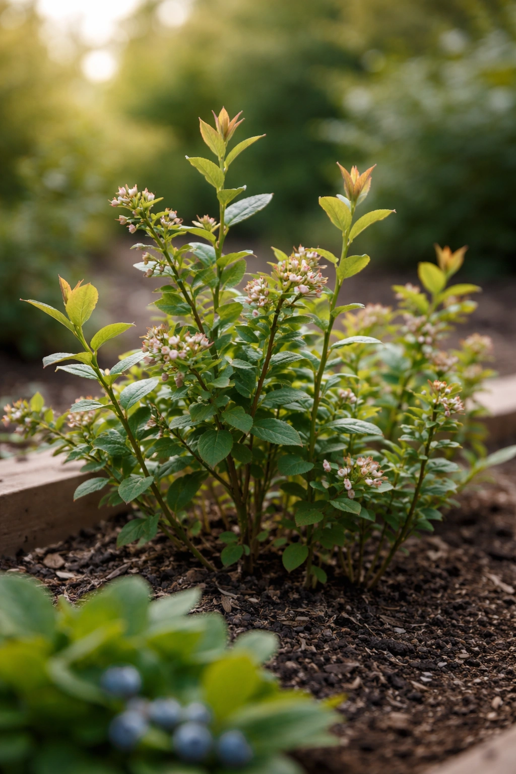 Blueberry shrub showing new shoots and buds indicating growth milestones
