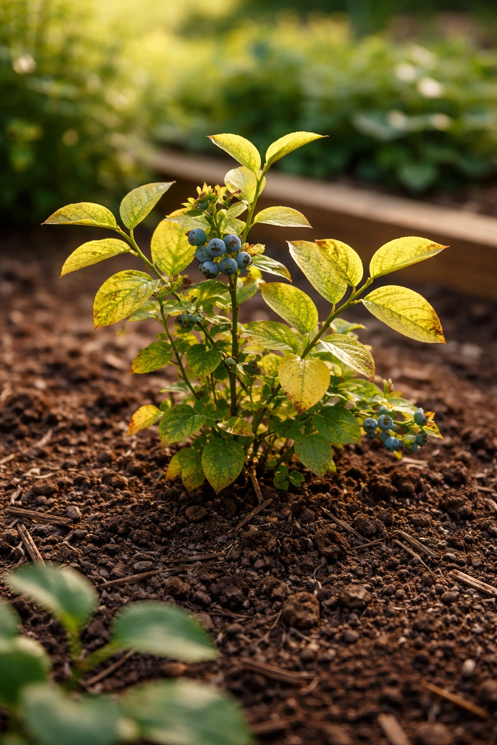 Blueberry shrub with yellowing leaves indicating nutrient stress and slow growth