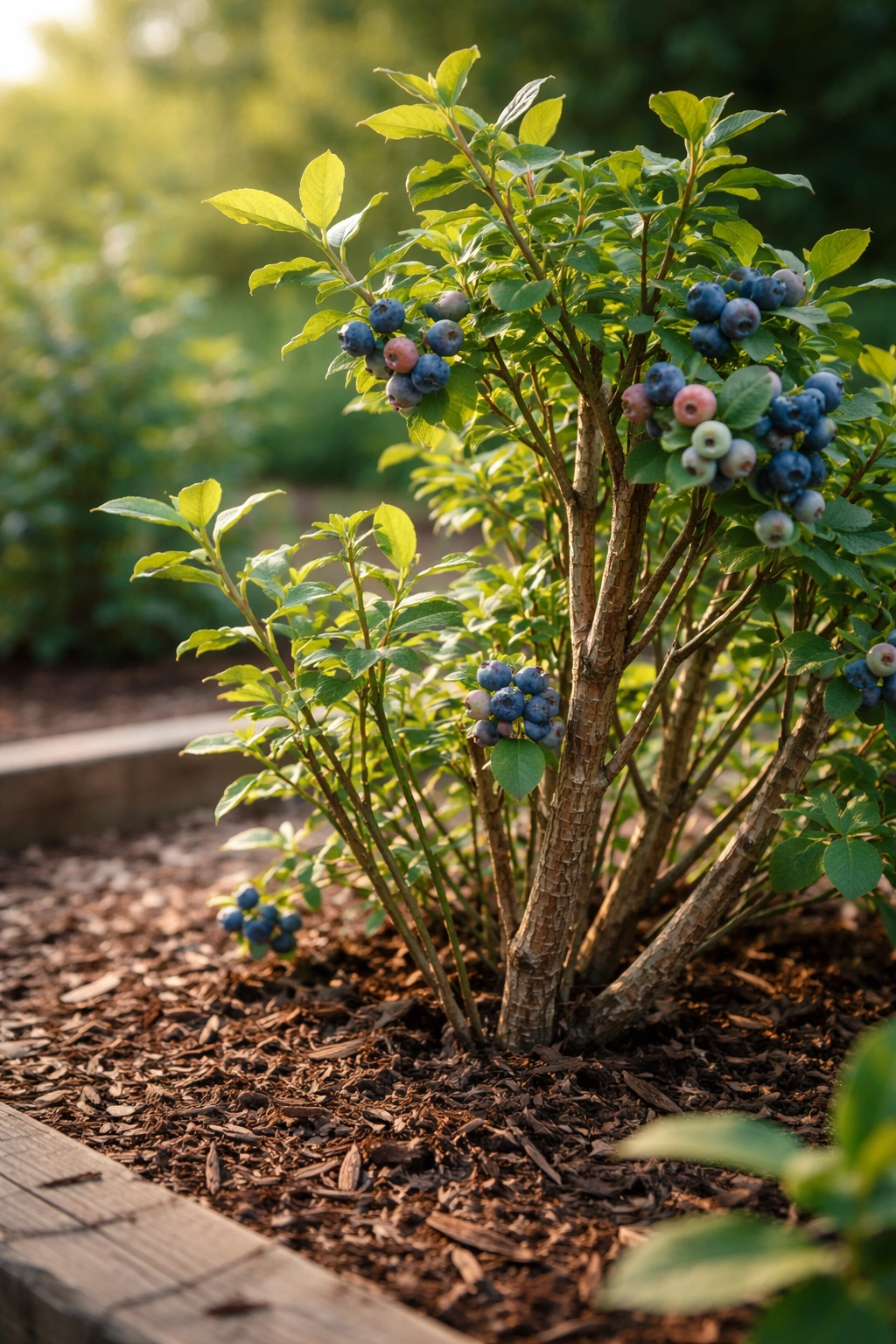 Close-up of blueberry shrub with mixed-age canes illustrating slow growth