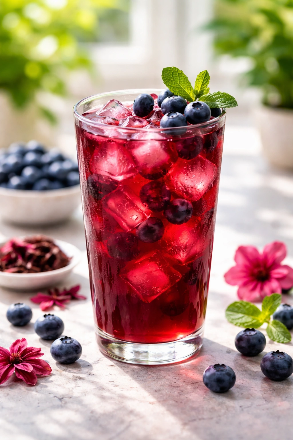 Glass of blueberry hibiscus iced tea with blueberries and dark purple color
